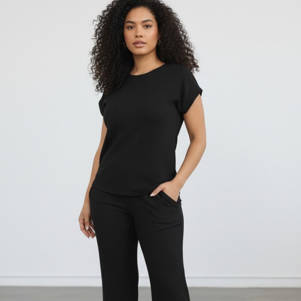 Black Blouse Short Sleeve Crinkle Pantsuit